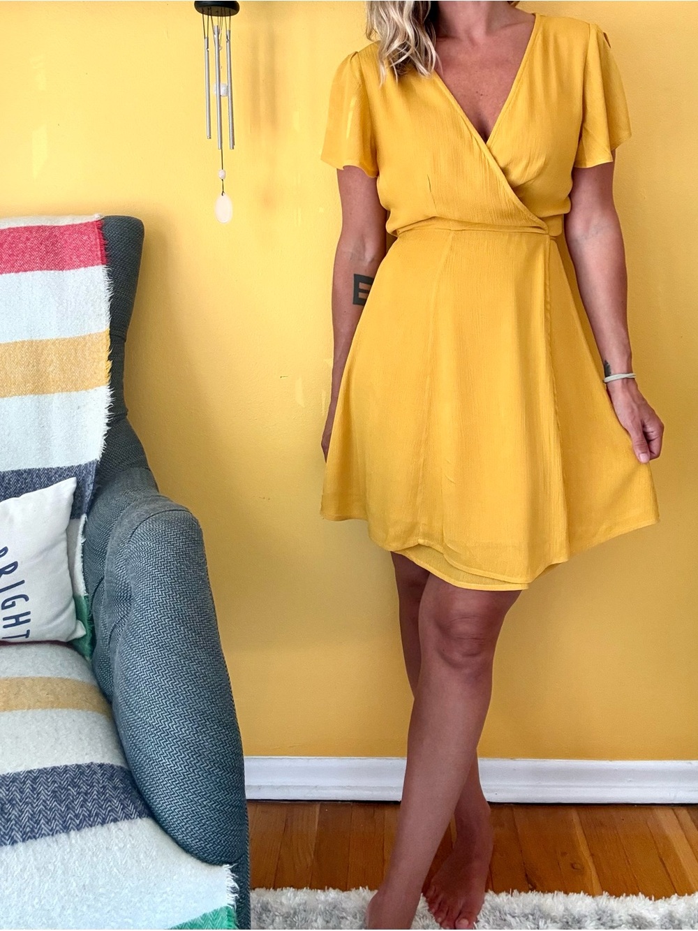Lulus Mustard Yellow Wrap Mini Dress Small